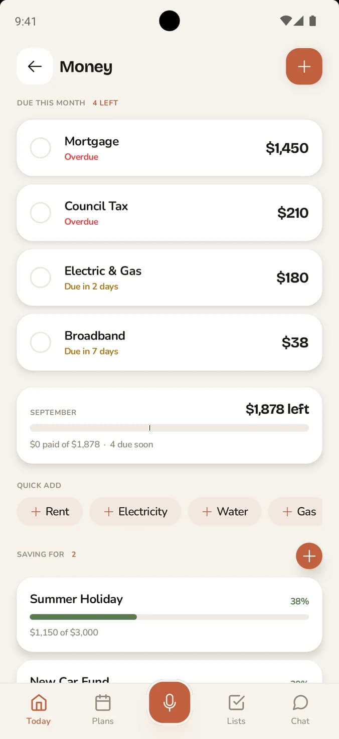 FAM budget screen with shared bills and savings goals