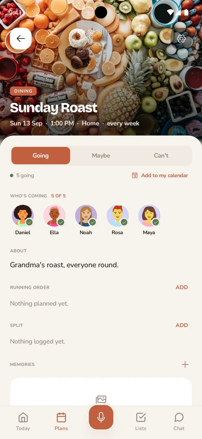 FAM event screen with cover photo, RSVP buttons and details