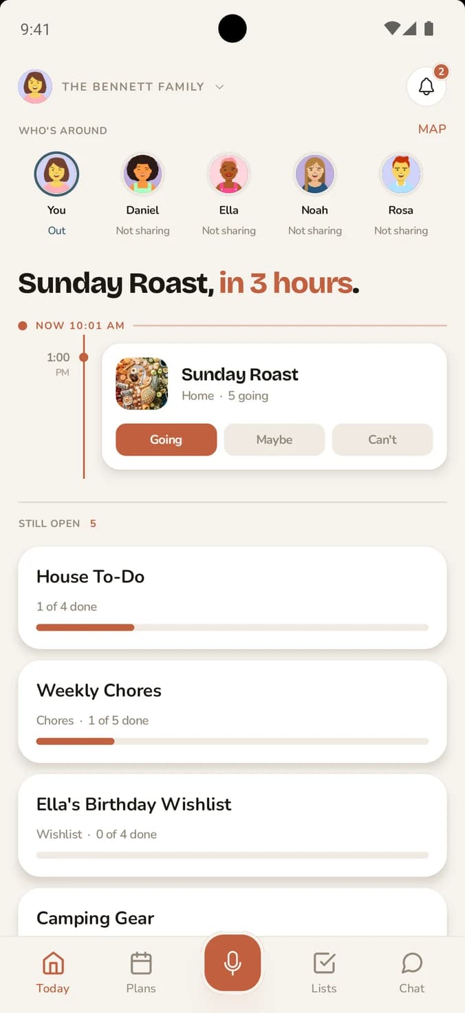 FAM Today screen: who is around, the next event with RSVP, and open lists