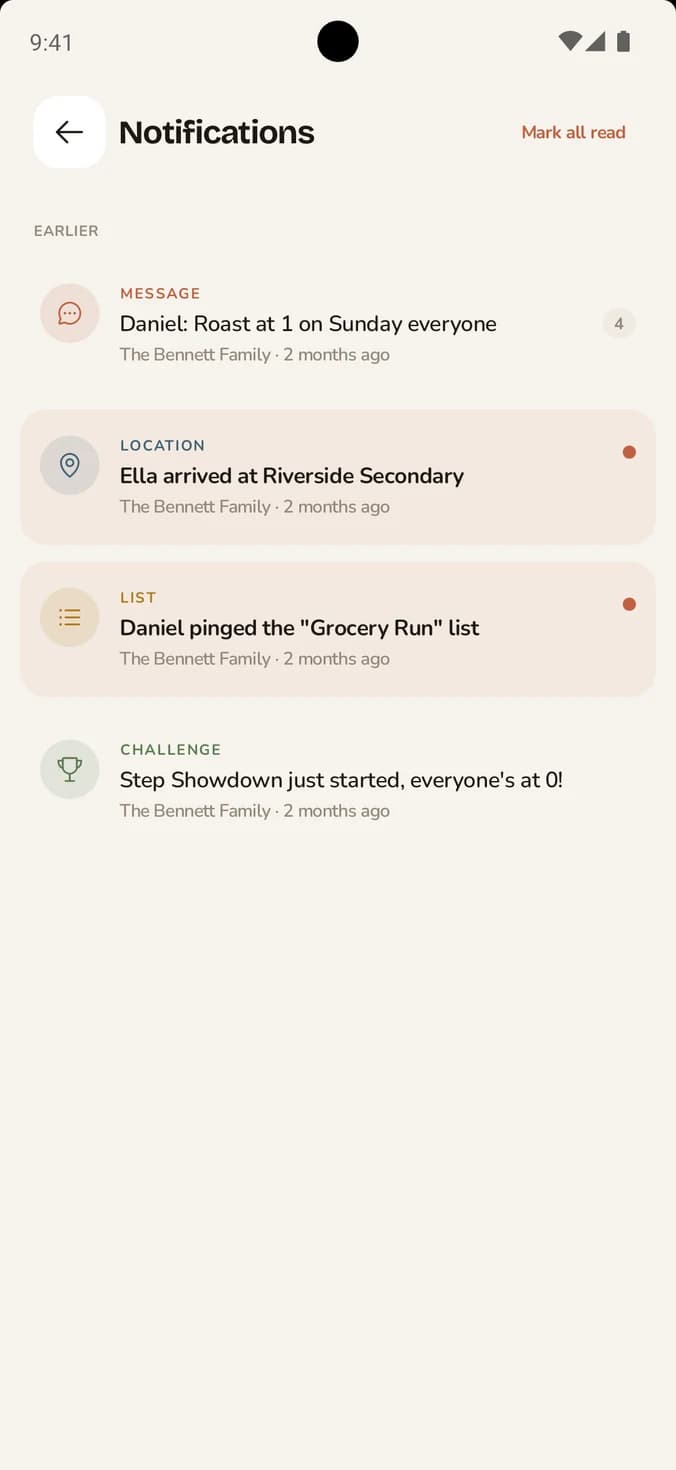 FAM notifications screen with RSVP and list updates