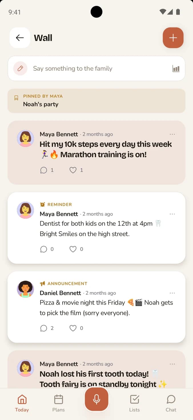 FAM wall feed with celebrations, reminders and announcements